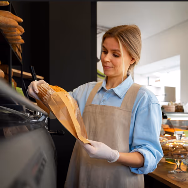 Mulher com avental segurando um saco de pão em uma padaria.